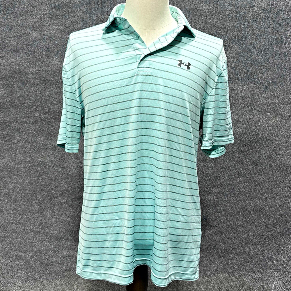 Under Armour Men’s M Aqua Blue Gray Striped Golf Polo Shirt HeatGear Performance